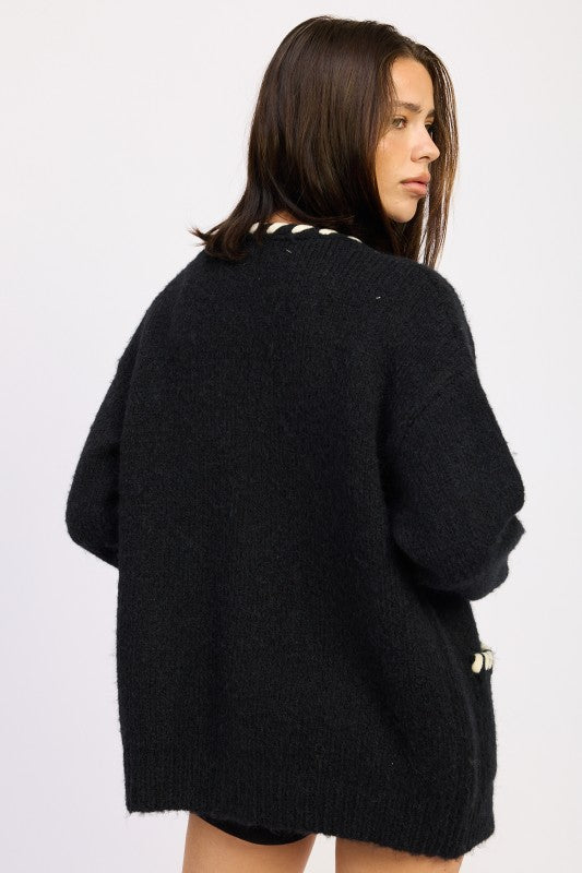 LEATHER TRIM CARDIGAN WITH BUTTONS