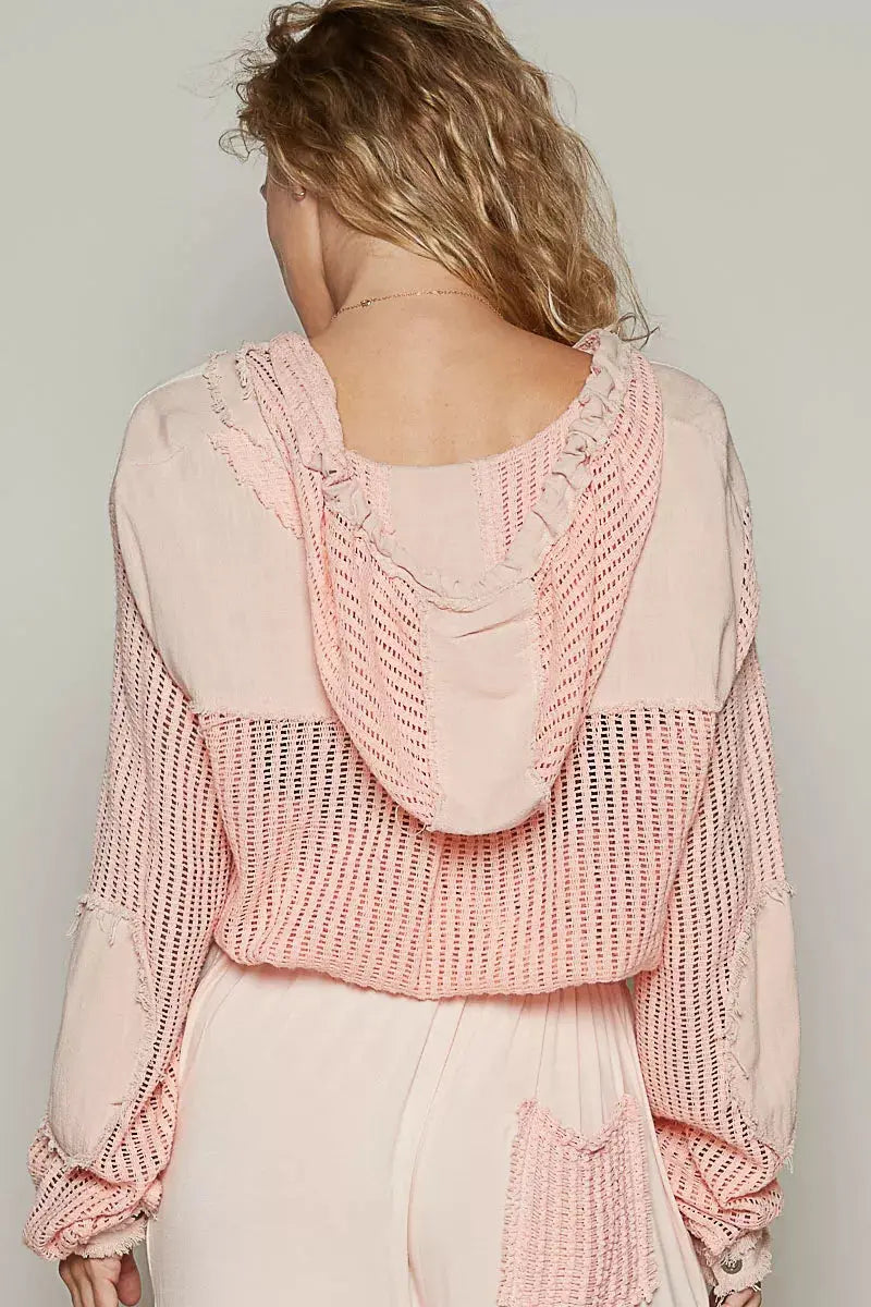 POL Texture Woven Button Down Hooded Shirt with Drawstring Hem