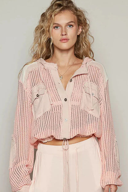 POL Texture Woven Button Down Hooded Shirt with Drawstring Hem