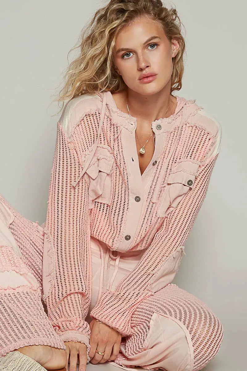 POL Texture Woven Button Down Hooded Shirt with Drawstring Hem