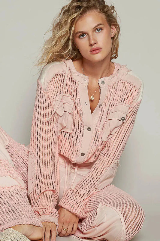 POL Texture Woven Button Down Hooded Shirt with Drawstring Hem
