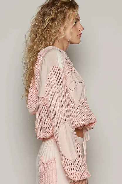 POL Texture Woven Button Down Hooded Shirt with Drawstring Hem