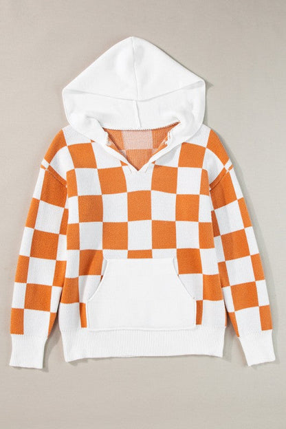 Lila Checkered Kangaroo Pocket Hooded Sweater