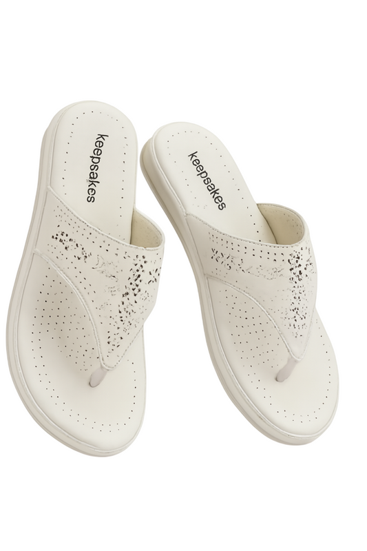 Women's White Thong Sandals – Perforated Strap, Cushioned Insole,