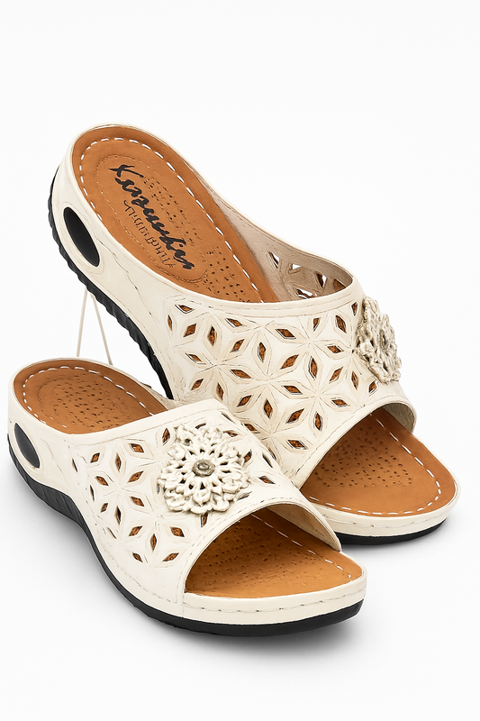 Women's Slip-On Sandals – Floral Cut-Out Design, Cushioned Insole,